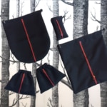 Les sacs Ensemble « sport chic » noirs aux zips colorés rappelant la mode lyonnaise se présentent avec élégance sur un fond à motifs arborescents.