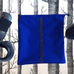 L'Ensemble « sport chic », un sac bleu à fermeture éclair noire, est mis en évidence parmi les équipements de protection sur un fond noir et blanc à motifs d'arbres.