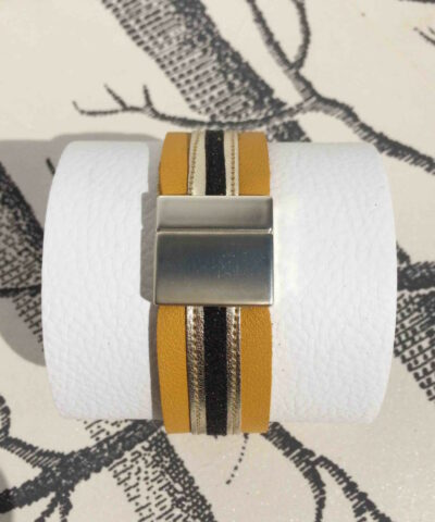 bracelet cuir manchette jaune or paillettes noires