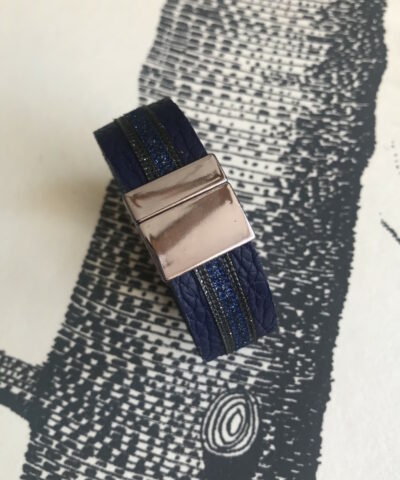 bracelet cuir grainé manchette bleu marine paillettes bleu nuit gris foncé