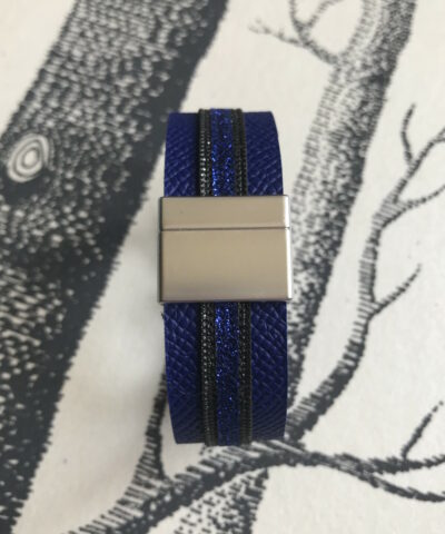 bracelet cuir grainé manchette bleu roi pailleté gris bleu