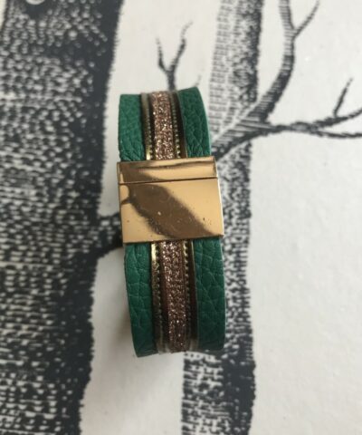 bracelet cuir grainé manchette vert paillettes cuivre