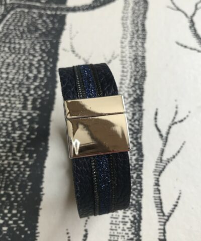 bracelet cuir manchette bleu marine paillettes grises bleu nuit
