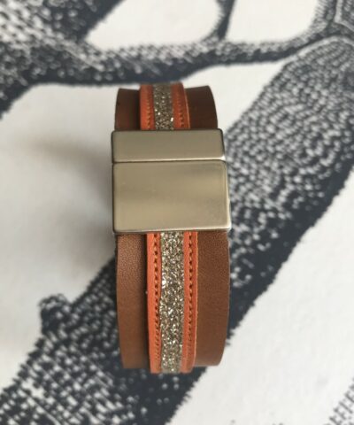 bracelet cuir manchette havane orange paillettes or