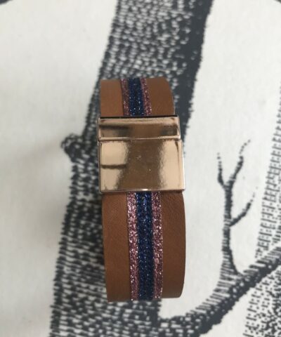 bracelet cuir manchette havane paillettes rose nacré bleu marine