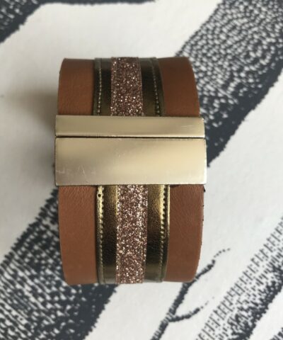 bracelet cuir manchette large havane cuivre paillettes cuivre