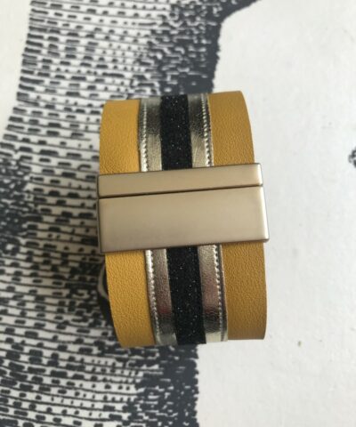 bracelet cuir manchette large jaune or paillettes noires