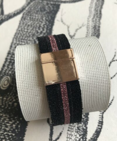 bracelet cuir manchette noir paillettes glitter rose nacré
