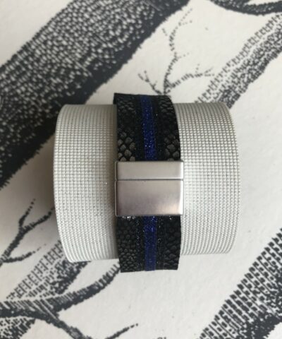 bracelet cuir manchette serpent argenté noir paillettes bleu vif
